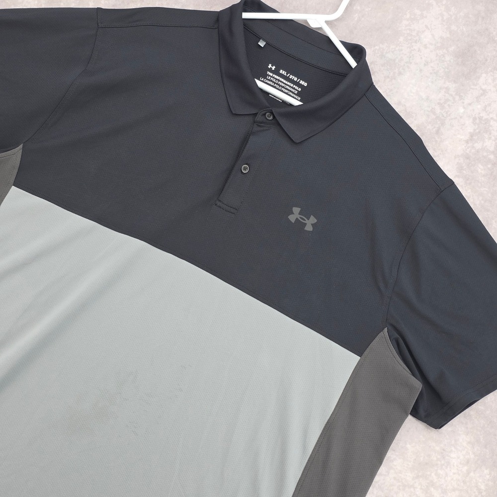 Under Armour Mens 3XL Performance Golf Polo Shirt Blac Grey Colorblock Loose Fit